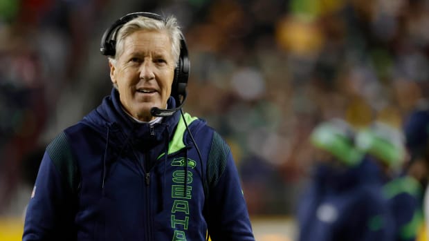 NFL: Seattle Seahawks at Washington Football Team Nov 29, 2021; Landover, Maryland, USA; Seattle Seahawks head coach Pete Carroll looks on from the sidelines against the Washington Football Team at FedExField.